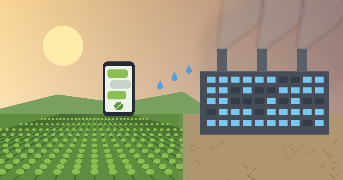 Illustration of a green farm field with a phone showing chat messages on the left, and a data center with smoking stacks over dry cracked land on the right