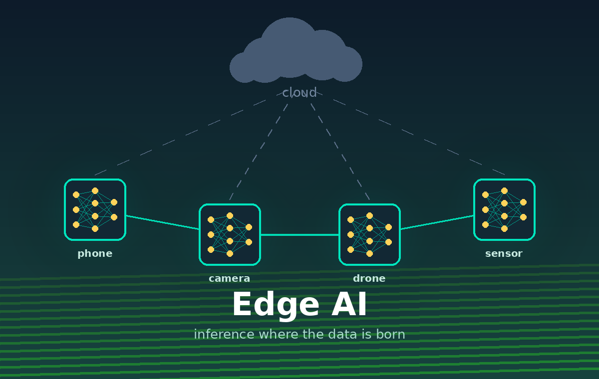 Edge AI diagram: phone, camera, drone and sensor each running a local neural network, loosely connected to a distant cloud