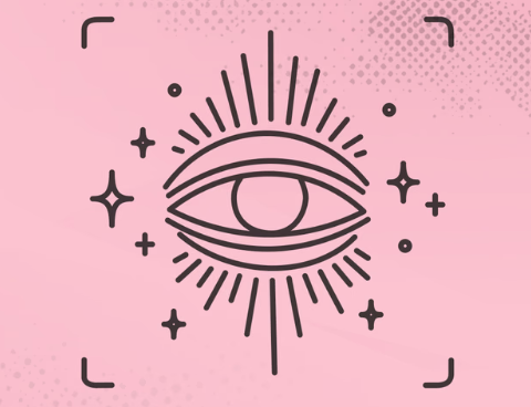 Line-art eye with radiating rays and sparkles on a pink background, illustrating Jev as a decision model