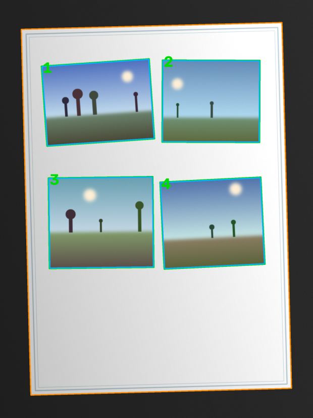 The detector's view of an album page: an orange outline around the page itself, green rectangles tightly around four correctly detected photographs, and a red rectangle around a fifth region that has been flagged for review.