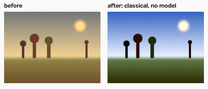 Two versions of the same synthetic landscape photograph side by side. The left is heavily yellowed with a warm orange cast; the right has neutral greens and blues after classical colour correction.